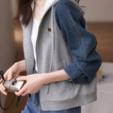 Hooded Zip-Up Denim Contrast Jacket - liwisi