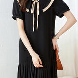 Peter Pan Collar Pleats Contrast Puff Dress - liwisi