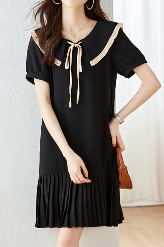 Peter Pan Collar Pleats Contrast Puff Dress - liwisi