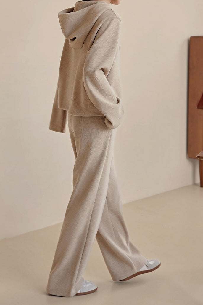 Two-Piece Set: Hooded Simple Parker with Slit Opening + Side Pocket Casual Long Wide Pants - liwisi