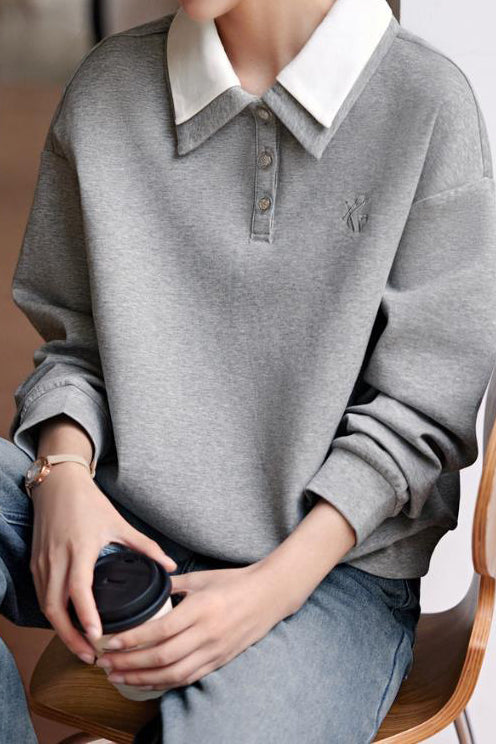 Double Polo Collar Logo Embroidered Drop Shoulder Sweatshirt - liwisi