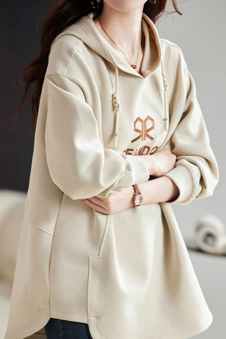 Hooded Logo Embroidery Drop Shoulder Hoodie - liwisi