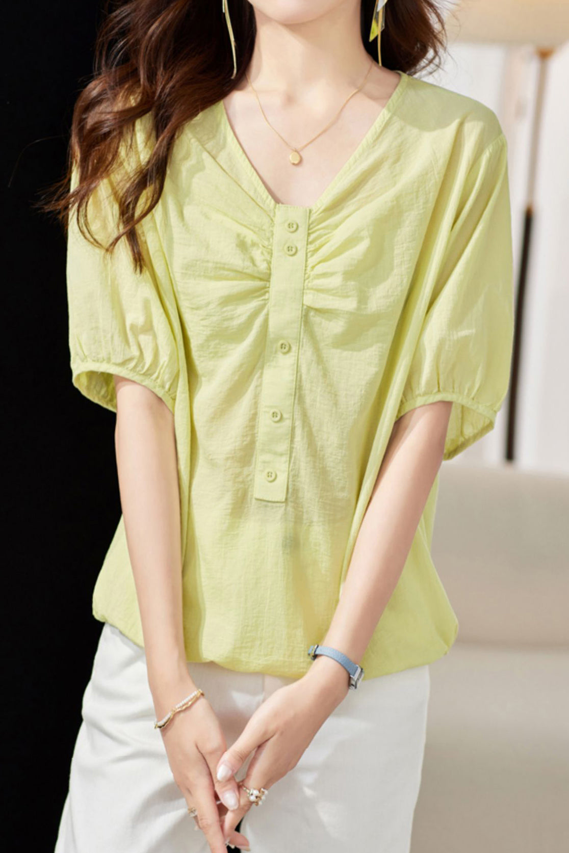 V-Neck Front Button Decor Drawstring Gathered Blouse - 3 Colors Available - liwisi