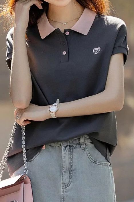 Casual color-block polo collar T-shirt. - liwisi