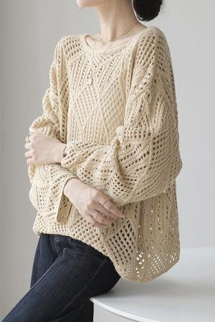 Round Neck Openwork Drop Shoulder Knit - 2 Colors Available - liwisi