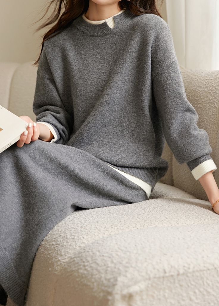 Comfortable Knit Set: Round Neck Top and Midi Skirt - liwisi