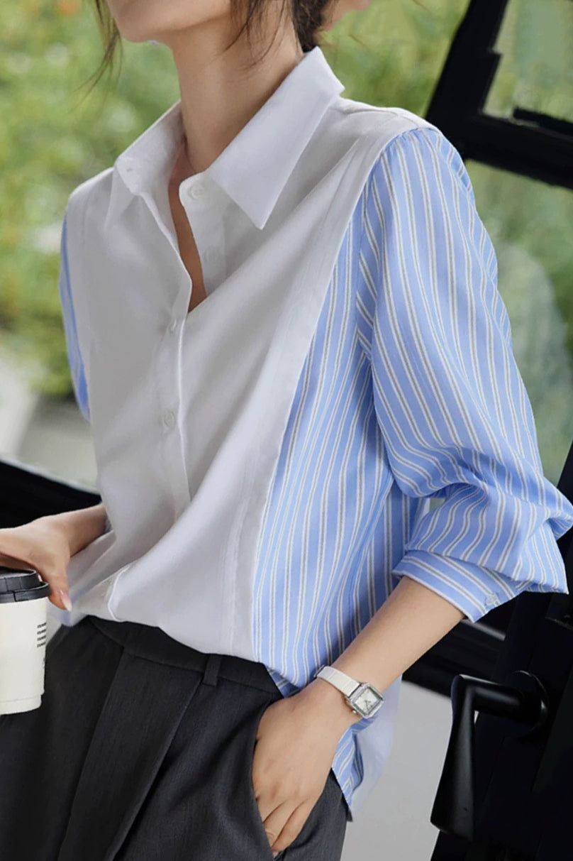 Layered Look Striped Sleeve Casual Shirt - liwisi