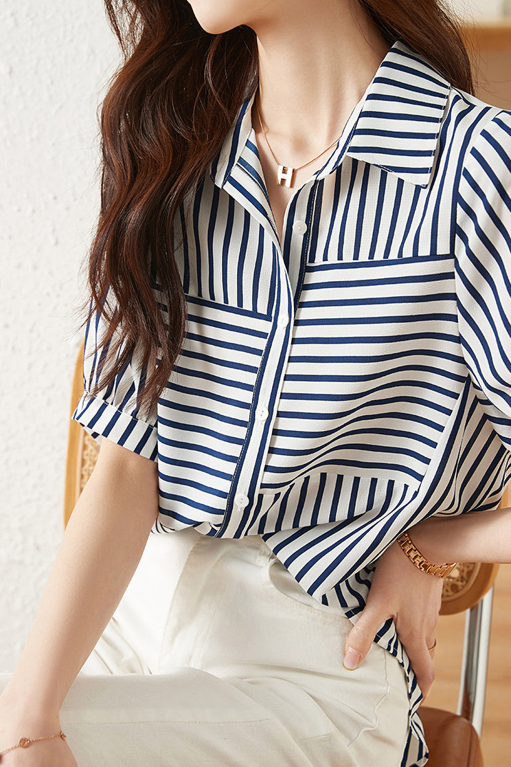 Striped Docking Gathered Short Sleeve Shirt - liwisi