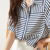 Striped Docking Gathered Short Sleeve Shirt - liwisi