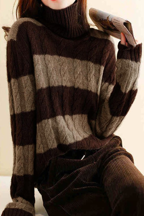 Color-Block Striped Cable Knit Turtleneck Sweater - liwisi