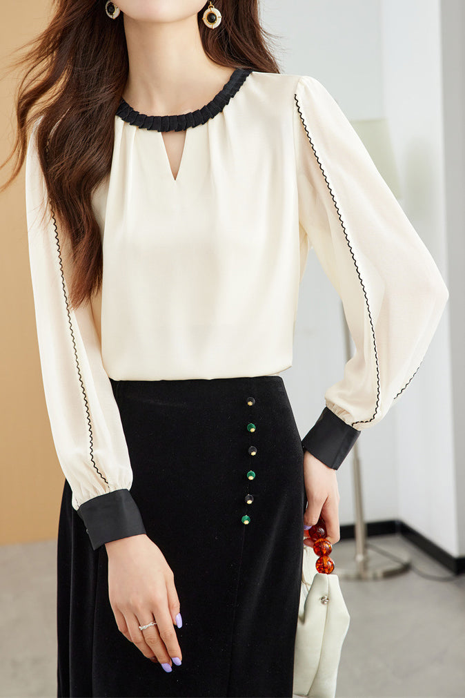 Front Cut-Out Long Sleeve Satin Blouse - 2 Colors Available - liwisi