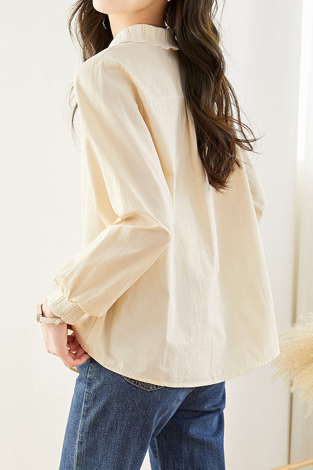 Scalloped Collar Puff Sleeve Long Sleeve Shirt - 2 Colors Available - liwisi