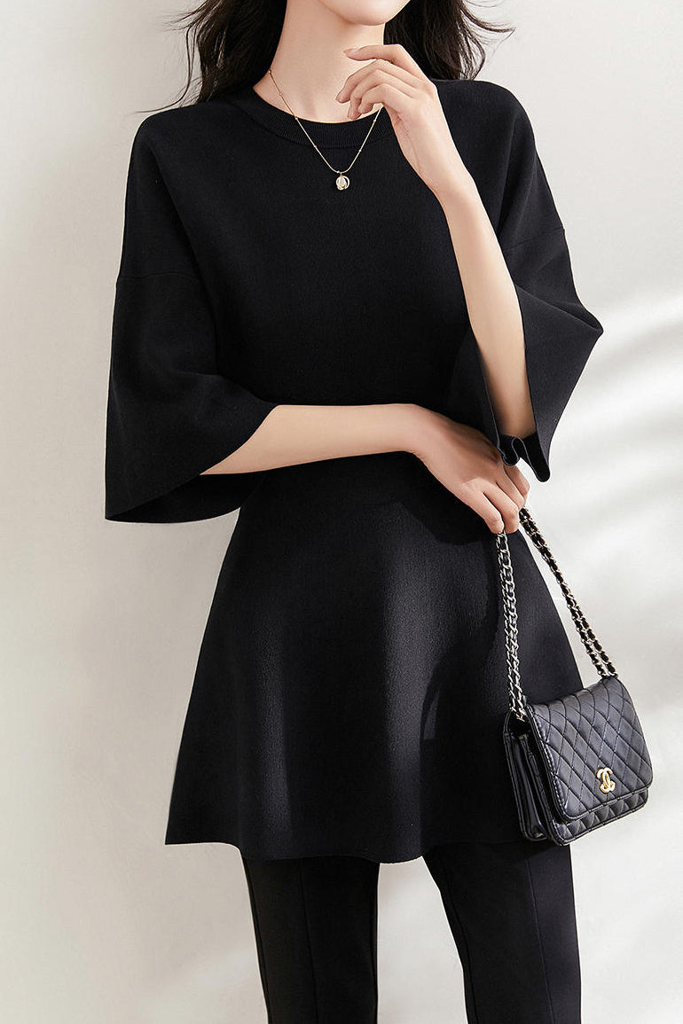Round Neck Drop Shoulder Knit Tunic - liwisi