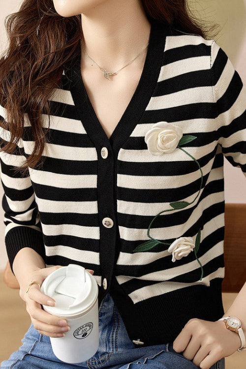 French Stripe V-Neck Light Knit with Camellia Embroidery - liwisi