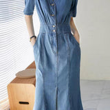 V-Neck Front Slit Mermaid Denim Dress - liwisi