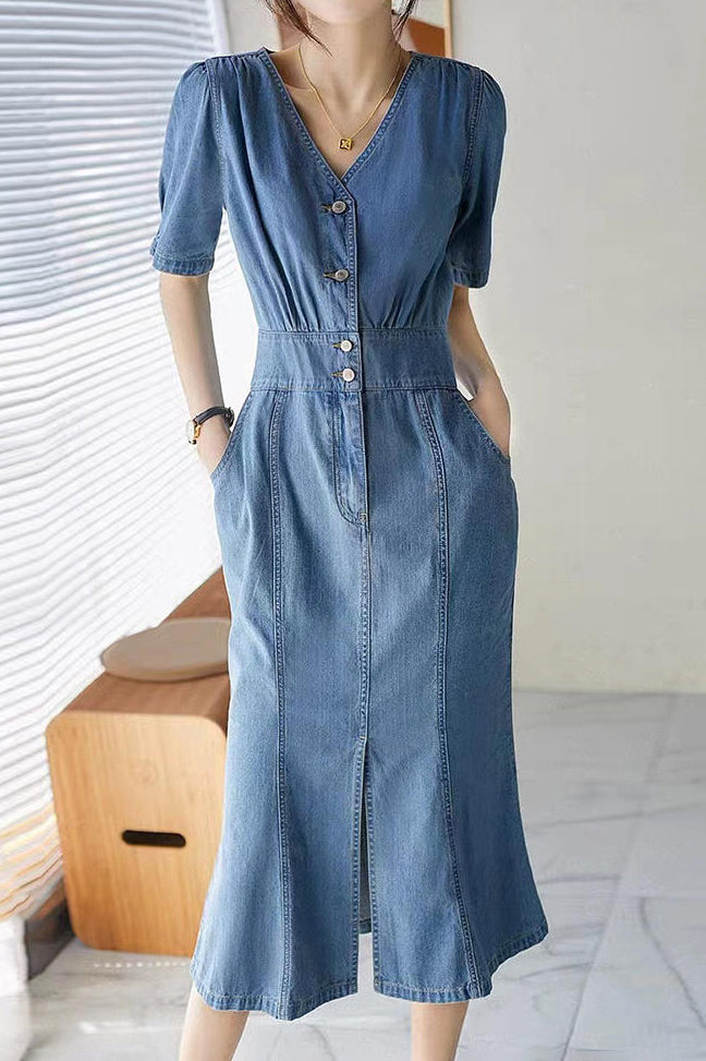 V-Neck Front Slit Mermaid Denim Dress - liwisi