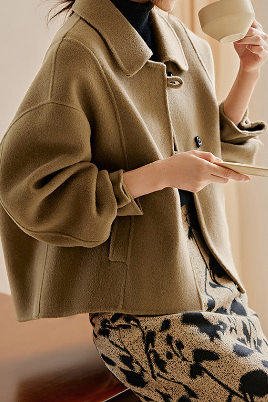 Simple Drop Shoulder Stand Collar Melton Coat - liwisi