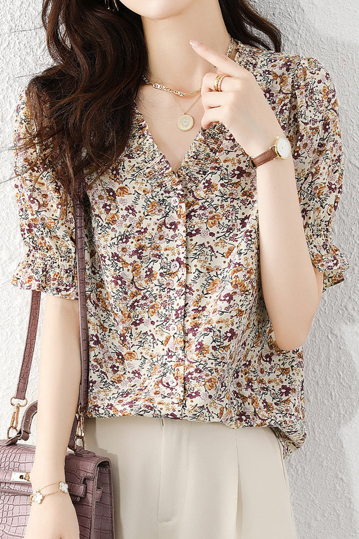 V-Neck Shirring Hem Floral Blouse - liwisi