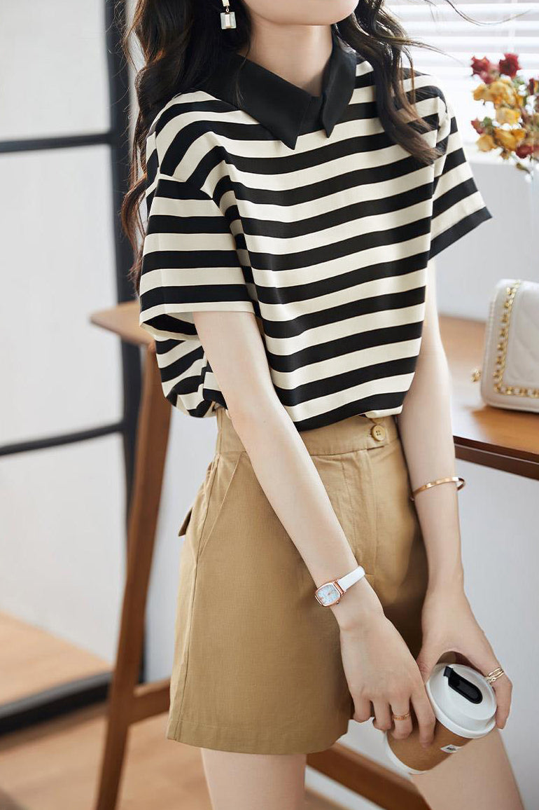 Polo Collar Striped Drop Shoulder Shirt - liwisi