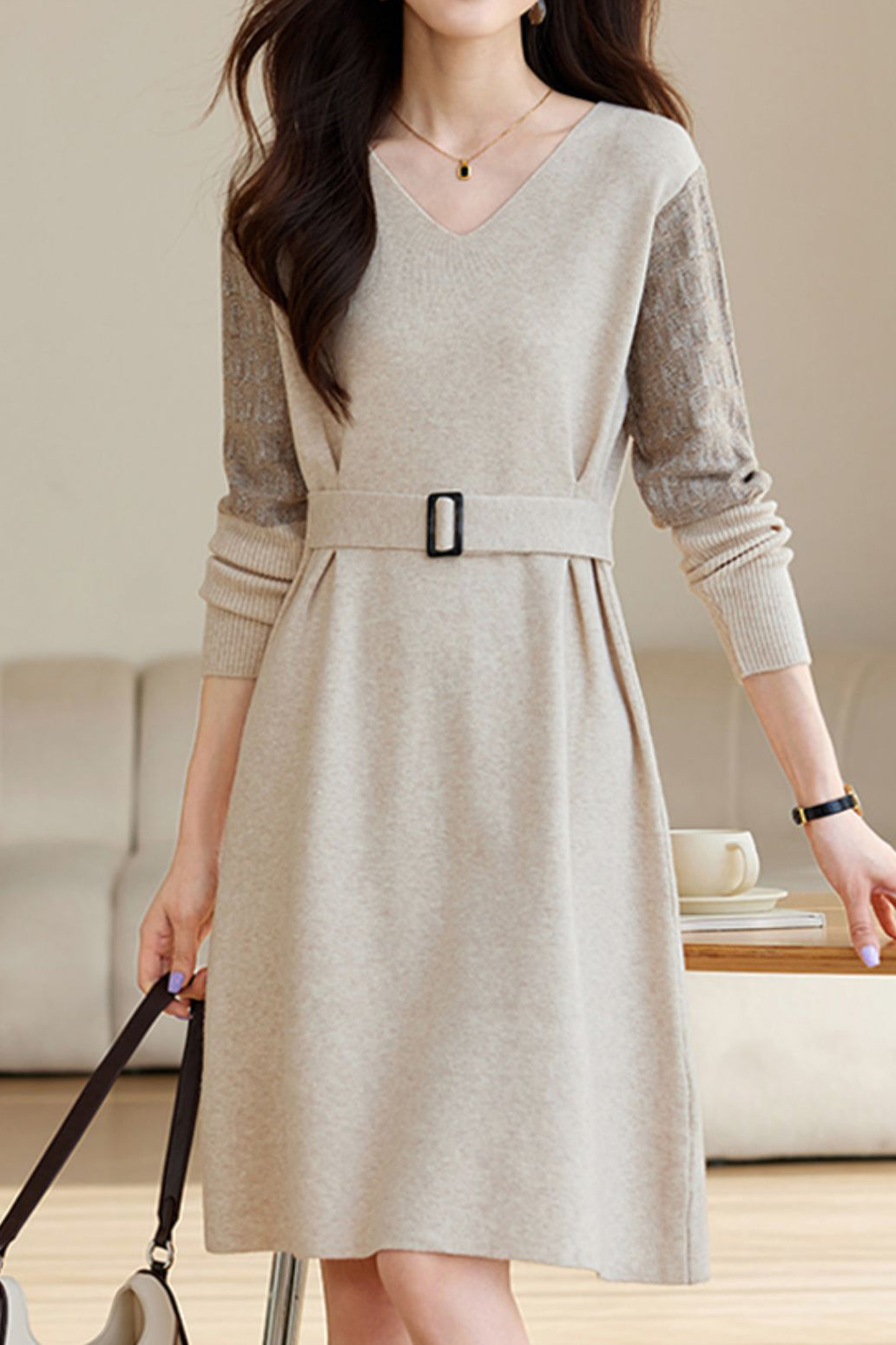 Mid-Length Patchwork Knit Dress - liwisi