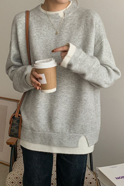 Slit fake two - piece pullover sweater - liwisi
