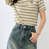 Round Neck Butterfly Embroidered Decor Striped T-Shirt - liwisi