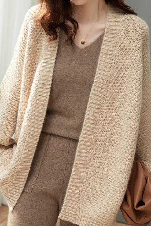 Open Collar Full Opening Buttonless Shawl Knit Jacquard Plain Cardigan - liwisi