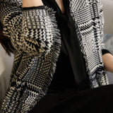 No-Collar Houndstooth Fringed Knit Cardigan - liwisi
