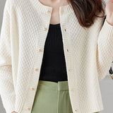 Textured Crew Neck Long Sleeve Knit Cardigan - liwisi