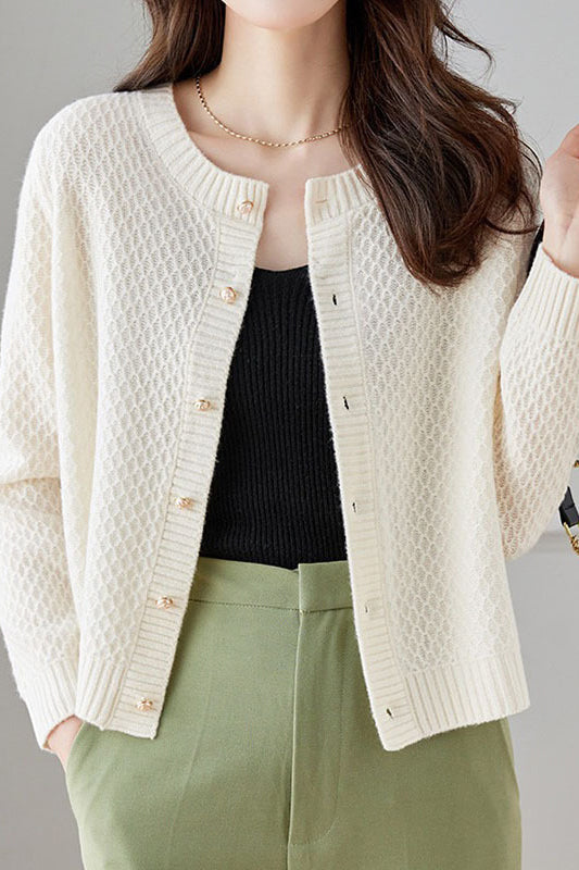 Textured Crew Neck Long Sleeve Knit Cardigan - liwisi