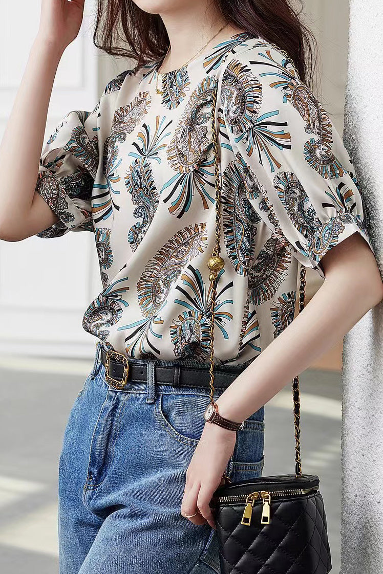 Round Neck Paisley Print Short Sleeve Blouse - liwisi
