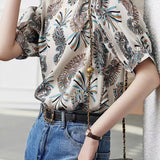 Round Neck Paisley Print Short Sleeve Blouse - liwisi