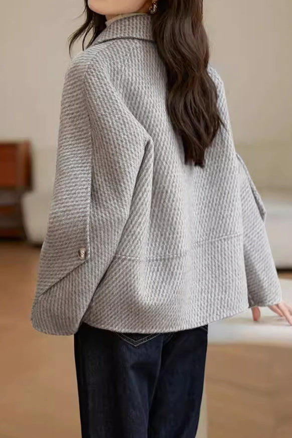 Stand Collar Double Button Melton Coat with Lining - liwisi