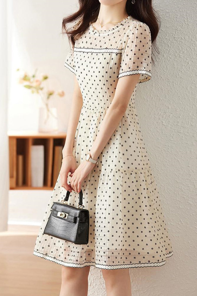 Ruffle Collar Small Floral Flock Flare Dress with Lining - liwisi