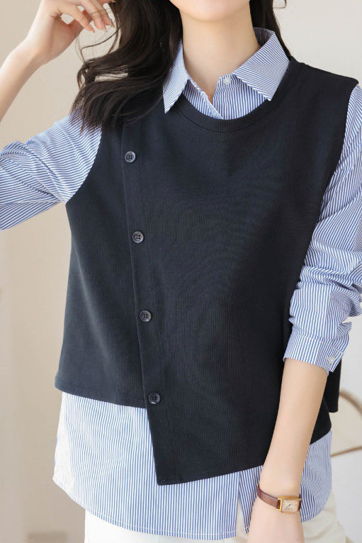 Mixed Material Striped Contrast Blouse - liwisi