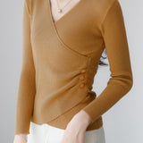 V-Neck Front Cross Side Gathered Button Decor Knit - 4 Colors Available - liwisi