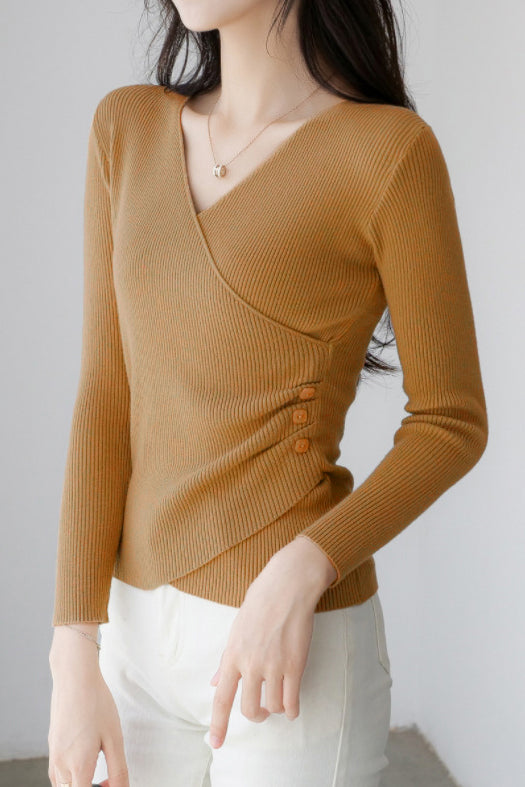 V-Neck Front Cross Side Gathered Button Decor Knit - 4 Colors Available - liwisi