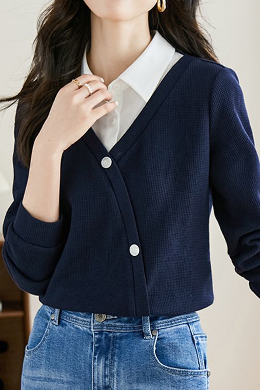Faux Two-Piece Waffle Knit Sweatshirt - liwisi