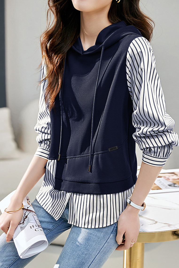 Mixed Material Striped Panel Hoodie - liwisi