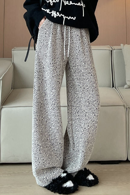 Lazy Relaxed Diagonal Striped Fleece-Lined Wide-Leg Pants - liwisi
