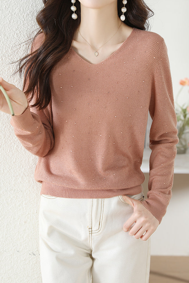 V-neck knitted sweater with hot-fixed rhinestones. - liwisi