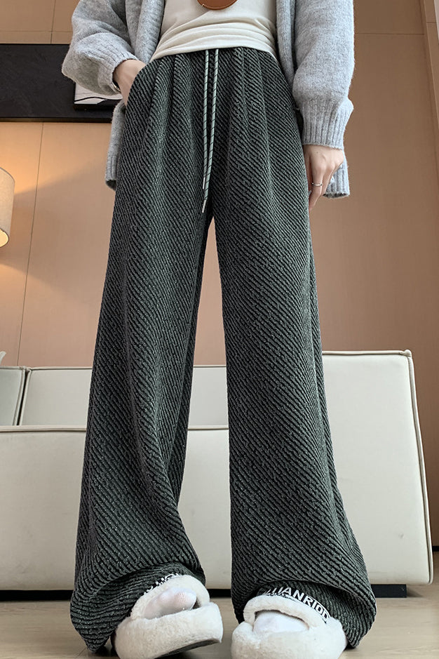 Lazy Relaxed Diagonal Striped Fleece-Lined Wide-Leg Pants - liwisi