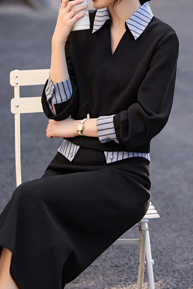 Shirt Collar Color-Block Two-Piece Set - liwisi