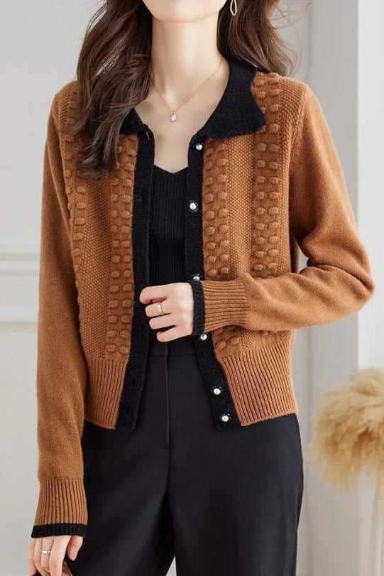 Shirt Collar Jacquard Knit Cardigan - 2 Colors Available - liwisi