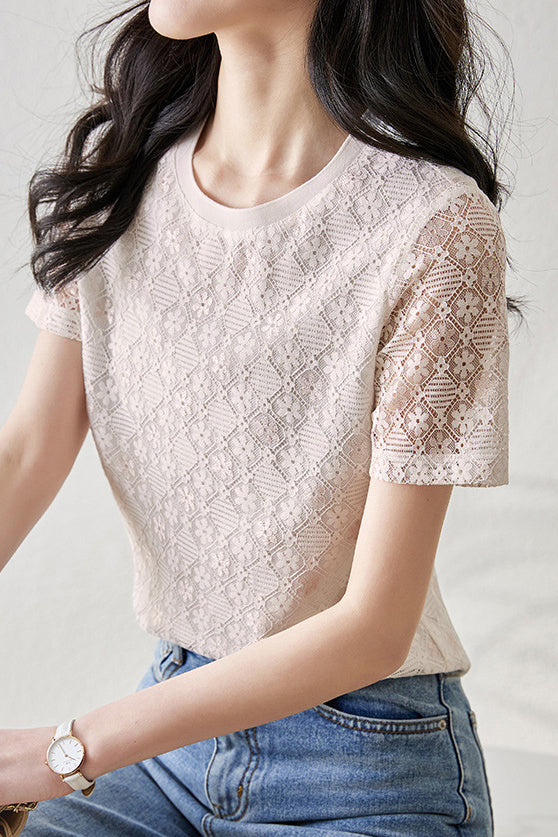 ラウンドネック菱柄レースTシャツ 裏地付 - liwisi