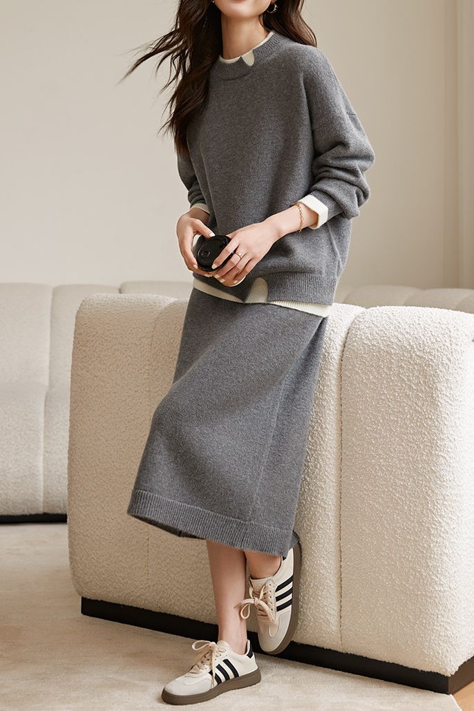 Comfortable Knit Set: Round Neck Top and Midi Skirt - liwisi