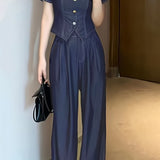 Two-Piece Set: Square Neck Back Shirring Blouse + Side Pocket Straight Maxi Pants - liwisi