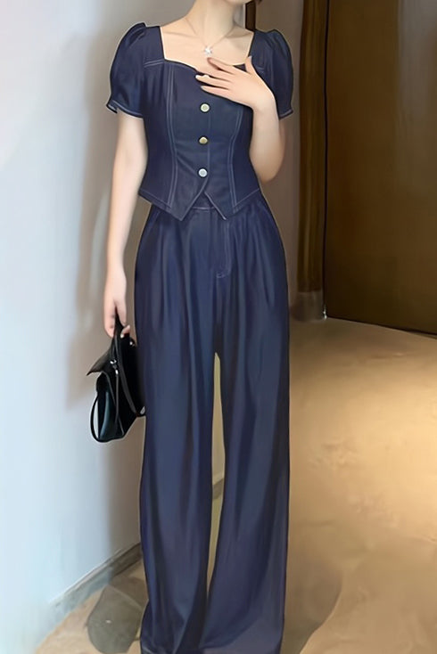 Two-Piece Set: Square Neck Back Shirring Blouse + Side Pocket Straight Maxi Pants - liwisi