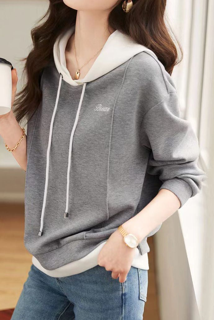 Color Block Drawstring Hooded Faux Layered Sweatshirt - liwisi