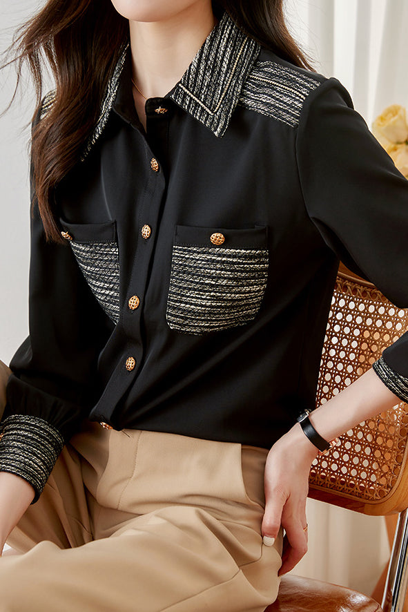 Translated Collar and Full Button Chest Pocket Elegant Color Block Shirt - liwisi